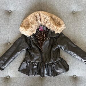 Koala Kids Black Leather Jacket with Faux Fur Trim